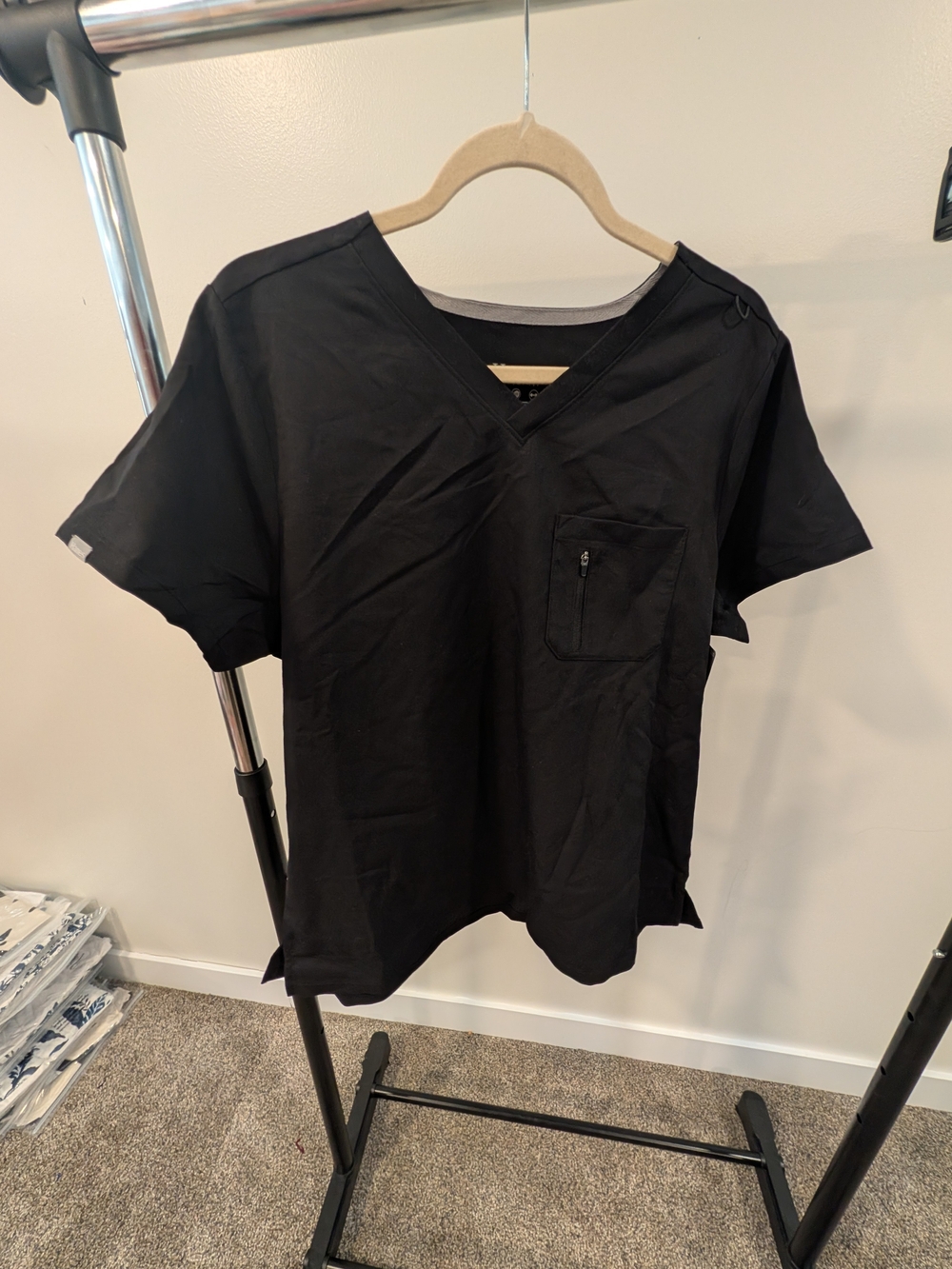 Hanes Women's Black V-Neck Short Sleeve Top with Zip Pocket